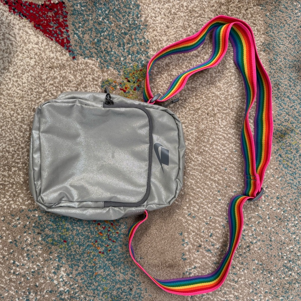 Silver Crossbody Bag with Rainbow Strap